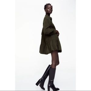 Zara Corduroy Tiered Short Mini Dress Olive Green Long Sleeve Size XS NWOT